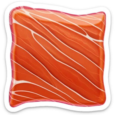 single thin slice of smoked salmon with smooth translucent texture, rich orange-pink hue, irregular natural edges, delicate white marbling, slight folds, soft melt-in-the-mouth feel, no plate, lemon, or garnish, soft lighting, subtle shadows, emoji scale sticker