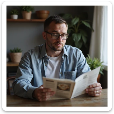 realistic 28-year-old man searching for information on the internet or reading a brochure about celiac disease, puzzled look, domestic environment sticker