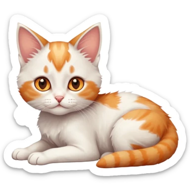 full body of very small + skinny ginger and white kitten with deep orange eyes and triangular shaped face lying down with bent front paws sticker