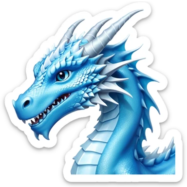 Cinematic Noble elegant Ice Dragon Portrait Emoji, Poised and imposing, distinct long elegant snout, with a slender, scaled body shimmering in glacial hues of icy blue, frostbitten silver, and crystalline white, breathing out frost, with piercing, glowing ice blue white eyes that radiate the chilling depths of an arctic storm; rendered in detail. sticker