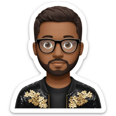 Nathan Morris (b.1971) from Boyz II Men with dark brown hair and short beard, black sequin outfit, glasses sticker