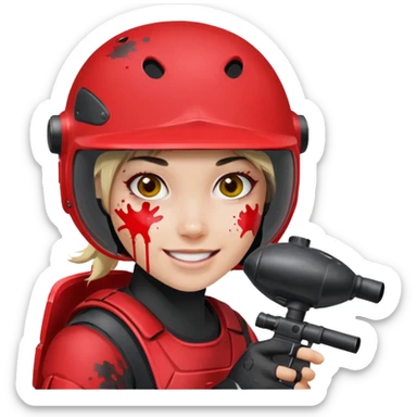 girl playing paintball with red paintball gear and only face sticker