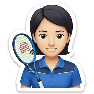 light brown skinned tennis coach, short straight black hair with widow's peak, oval face, small eyes, smiling, holding blue Yonex tennis racket, wearing dark navy blue dry fit shirt sticker
