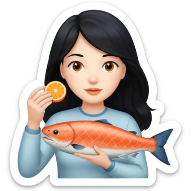 White lady with long black hair and a round face holding a salmon  sticker