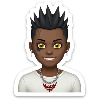 zombie boy with spiky emo black hair and white shirt , tattos, a risk on the eyebrow, earings,  a necklace emoji, with grills in his mouth and he’s smiling, change skin color to darkskin sticker