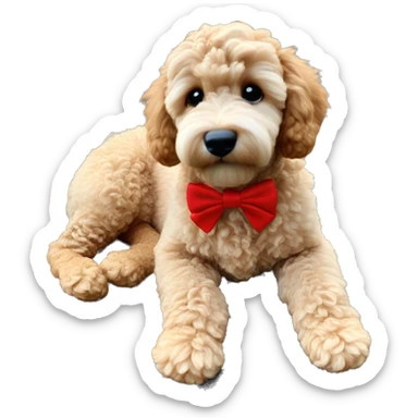 Ginger golden doodle. Baby. Full body sitting down. Red bow sticker