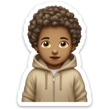 A light skin baby boy with a beige hoodie a tiny curly hair sticker