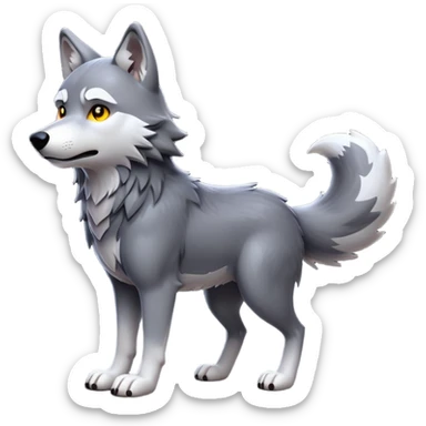 cinematic-[wolf]-realistic-full-body-standing-emoji,-tail-resting-loosely-beside-its-paws,-head-tilted-dramatically, -scruffy-[grey]-fur,-simplified-yet-realistic-focused-features,-highly-detailed,-glowing-with-an-almost-sarcastic-glow sticker