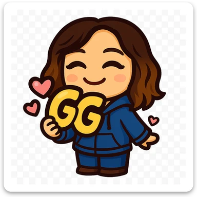 Sticker style chibi emote, matching the attached green heart emote as a base. Woman from reference, blue hoodie and jeans, holding a large, bubbly 'GG' sign with hearts, cute happy face, no headband, no wand, transparent background. sticker