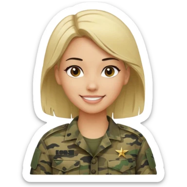 Apple-style emoji: female soldier, bust, no cap/helmet, friendly smile, generic camo top, blonde  black color hair sticker