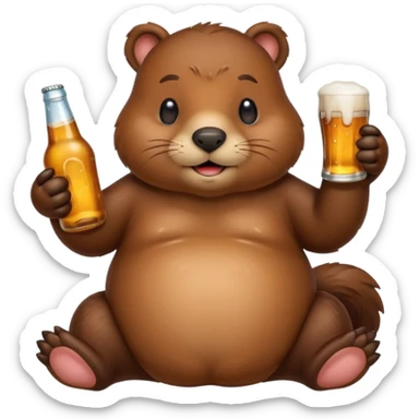 A chubby beaver hugging a beer bottle with both paws sticker