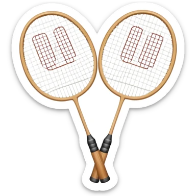 Two crossed badminton rackets with a shuttlecock resting in between, set against the faint outline of a badminton court. The image highlights the tools of the sport, with a subtle emphasis on the court's net and boundaries, symbolizing competition and skill. sticker