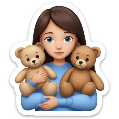 a girl with long dark 
brown hair, with blue eyes, in a
white sweater, hugs 3 different natural coloured sticker