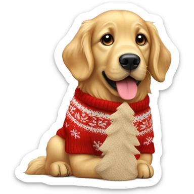 Golden retriever sitting wearing a knitted red Christmas sweater sticker