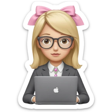 Please take the girl with laptop emoji and make her glassess light brown and her nose a bit smaller and pointier and she has blonde long hair and a dark grey suit and pearls, and has a laptop in fron of her and a tiny pink bow on the left side of her head sticker