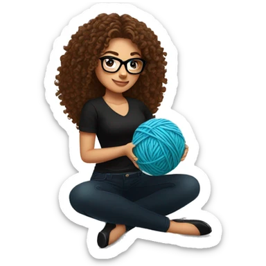 pretty Hispanic woman with long brown curly hair holding one ball of yarn with both arms wearing a black shirt and black glasses sticker