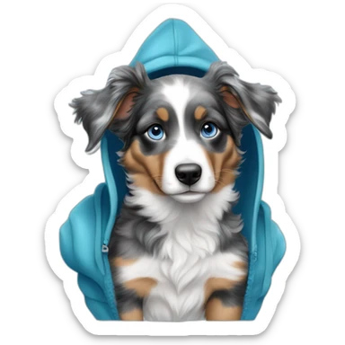 a 5 month old miniature American shepherd puppy, blue merle in color, with blue eyes, wearing a blue hooded sweatshirt and riding a wave sticker