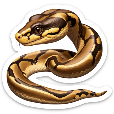 A photo-realistic digital illustration of a Ball Python, large headshot portrait. The snake has a short, rounded snout and smooth, soft contours, with a gentle, inquisitive expression that gives it a slightly playful charm. Its head is warm brown with bold, irregular dark markings. sticker