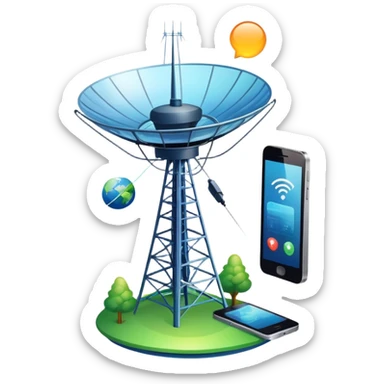 An icon featuring a satellite dish, a cell tower emitting signals, and a smartphone displaying a chat interface. The design includes fiber-optic cables and data waves, symbolizing global communication, connectivity, and information exchange. Transparent background. sticker