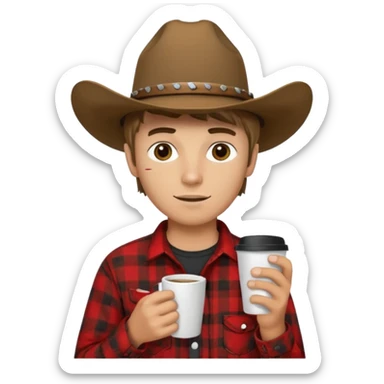 generate an ios genmoji of a 20 year old tan boy with a cowboy hat and side burns. Wearing a flannel and carrying a coffee mug sticker