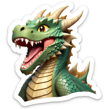 Cinematic Cute Yawning Giant Rock Dragon Portrait Emoji, Head tilted slightly with a dramatic, wide-open yawn, revealing a colossal, rugged body with weathered, rock-like scales and subtly drooping, earthy features rendered in authentic, stony texture; high shine, relaxed yet powerful, styled with a dash of timeless geological charm, soft glowing outline, capturing the essence of a sleepy but stoic rock behemoth ready to settle into an ancient, enduring slumber! sticker