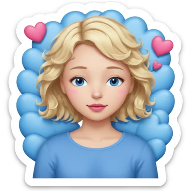 Girl Blonde short wavy hair,  blue eyes, cute blue top, long lashes, pink lips, sleeping eyes closed, hearts floating  sticker