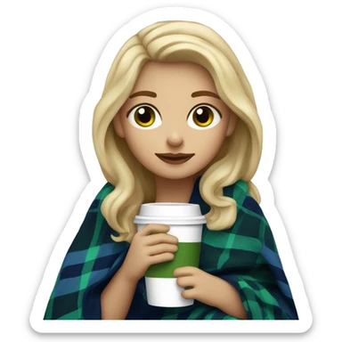 cute dirty blonde girl with green hazel wrapped in dark blue plaid blanket drinking coffeeemoji sticker
