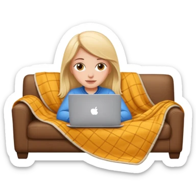 A white girl lies on a sofa under a blanket with a laptop sticker