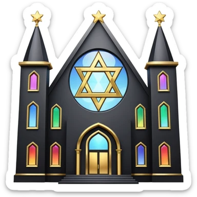 jewish synagogue temple in dark goth aesthetic style with black building and very light tint glass windows that are rainbow if looked at together. and star of david and celestial symbolism sticker