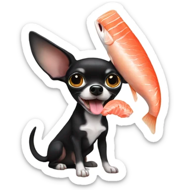 Black chihuahua with salmon in mouth sticker