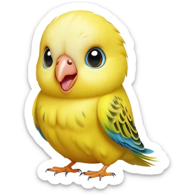 Cinematic Comical Yellow Budgie Portrait Emoji, Head tilted dramatically with an exaggeratedly amused expression, featuring a striking yellow feathered fur with a glossy finish, wide, expressive dark eyes filled with playful disbelief, Simplified yet hilariously expressive features, highly detailed, glowing with a slightly sassy glow, high shine, dramatic yet playful, stylized with an air of cheeky mischief, bright and endearing, soft glowing outline, capturing the essence of a spirited and over-the-top budgie, so meme-worthy it feels like it could side-eye its way into internet fame instantly! sticker