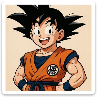 Son Goku, spiky black hair, orange martial arts gi, cheerful expression, iconic anime style sticker