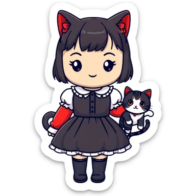 girl wearing black Lolita style dress, with medium-length black hair with red tips, and a black American Shorthair tabby cat sticker