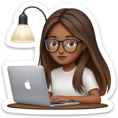 brown balayage straight long hair girl with MacBook with glasses with a smart lamp over her head  sticker