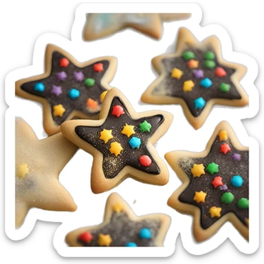 Create a smiley Christmas cookie in the shape of a star or snowflake. The cookies are decorated with black icing and sprinkled with colored sugar. It should look appetizing and festive sticker