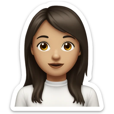 Girl with an oval face, fair skin, long dark brown wavy hair with bangs, brown eyes, dark brown straight eyebrows, medium-sized straight nose, slightly full lips, wearing a black choker necklace and a white t-shirt.
 sticker