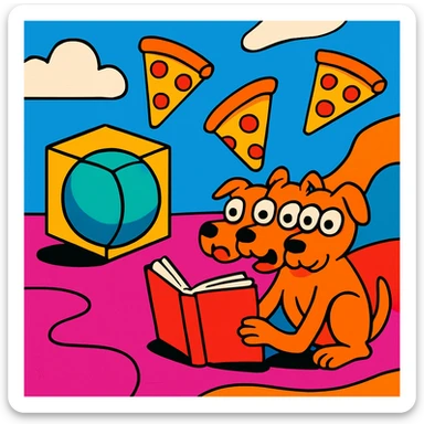 scene with impossible objects: cube that is also a sphere, dog with three heads reading a book upside down, floating pizza slices, wild vibrant cartoon style, designed to make AI go insane sticker