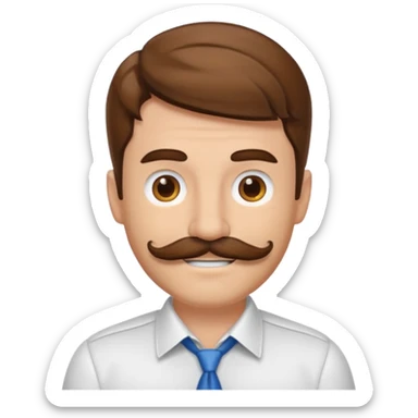 white man with parted brown hair and a thick mustache in the stock ios emoji style. he is smiling and his hair is a bit unkempt sticker