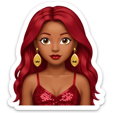 LaTavia Robeson with dark red long hair, red sequin crop top, red earring sticker