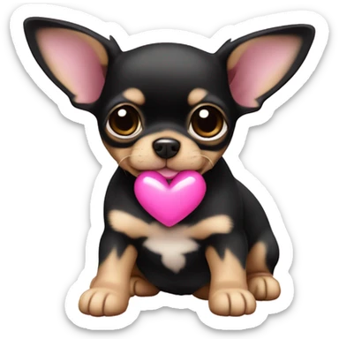 black & tan chihuahua puppy with a pink heart sticker