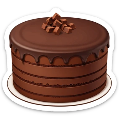 Chocolate fudge cake with chocolate base and chocolate frosting with chocolate pieces. Show the inside of the cake with three thin layers of a lighter chocolate filling  sticker