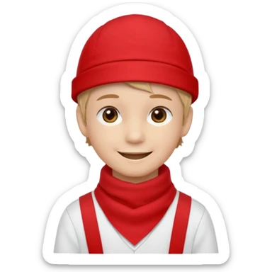 A Soviet pioneer emoji — smiling young boy wearing a bright red tie (pioneer neckerchief) and a red pilotka cap. White shirt, neat and cheerful, minimal flat emoji style, simple colors, clear outlines, professional emoji design. sticker