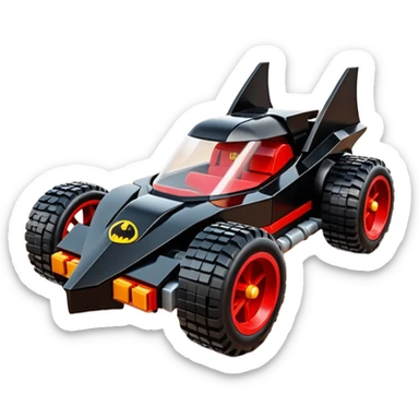 futuristic Lego Batmobile loosely based on 1956 freightliner school bus (flat long straight organically-shaped mechanical roomy interior seating inside the body) stealthy town hot rod desert dirt racing rwd buggy  sticker