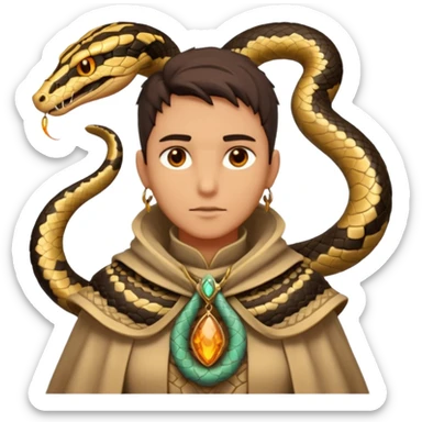 desert sand mage portrait, head and shoulders only, serpent-patterned cloak collar, snake charm necklace, sand vortex around shoulders, glowing amber eyes, 3D cartoon, mobile game icon style, clean background, no text, no watermark
 sticker