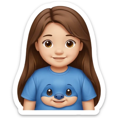 Une petite fille qui a des grosse joux qui est brune qui a les cheveux long et qui a un tee shirt stitch sticker
