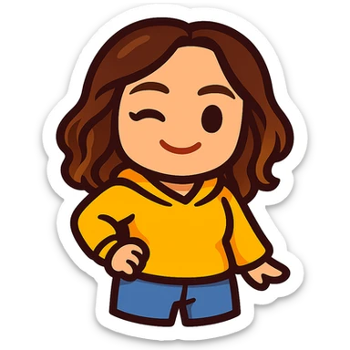 Sticker style chibi emote of the woman from the reference images, wearing a yellow hoodie and jeans, winking, no headband, no sparkles, no wand, transparent background. sticker