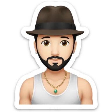 AJ McLean brown eyes, black hair, white tank top and fedora hat with necklace sticker