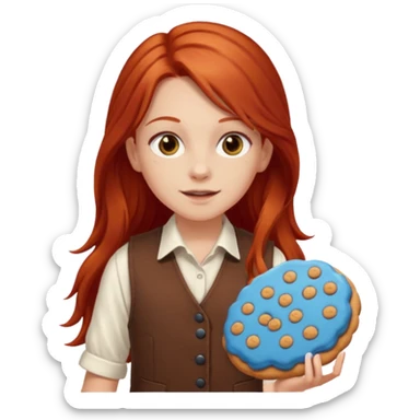 white girl scout with red long hair selling cookies with a brown vest and white shirt under vest. She should be around 10 years old sticker