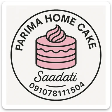 Modify the logo to correct the name to 'Parima', make it circular with a white background, and ensure the cake illustration and text are in pink. The style should be a lineal color icon with black outlines. sticker