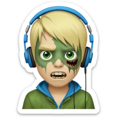 boy zombie whit blonde emo hair and eyes blue and GREEN SKIN and heandphones AND A MICROFONE AND GOLD TEETH and agesive face sticker